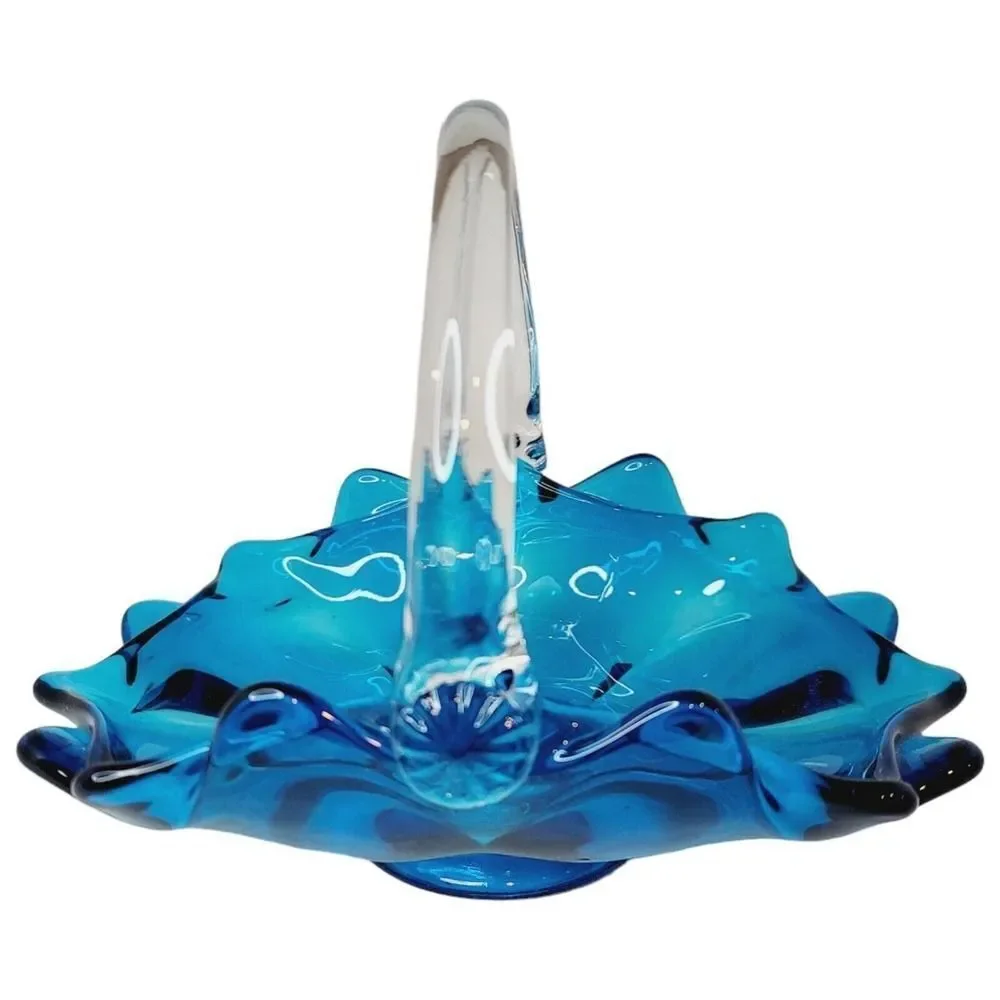 Vtg Viking Art Glass 1960s Blue With Clear Handle Epic Basket Candy Dish #1510‎